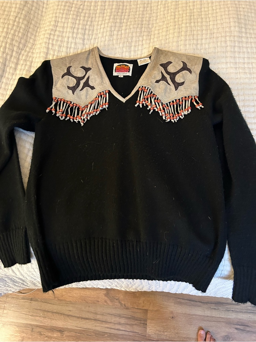Vintage Black V-Neck Sweater with Cream Beaded Fringe Collar